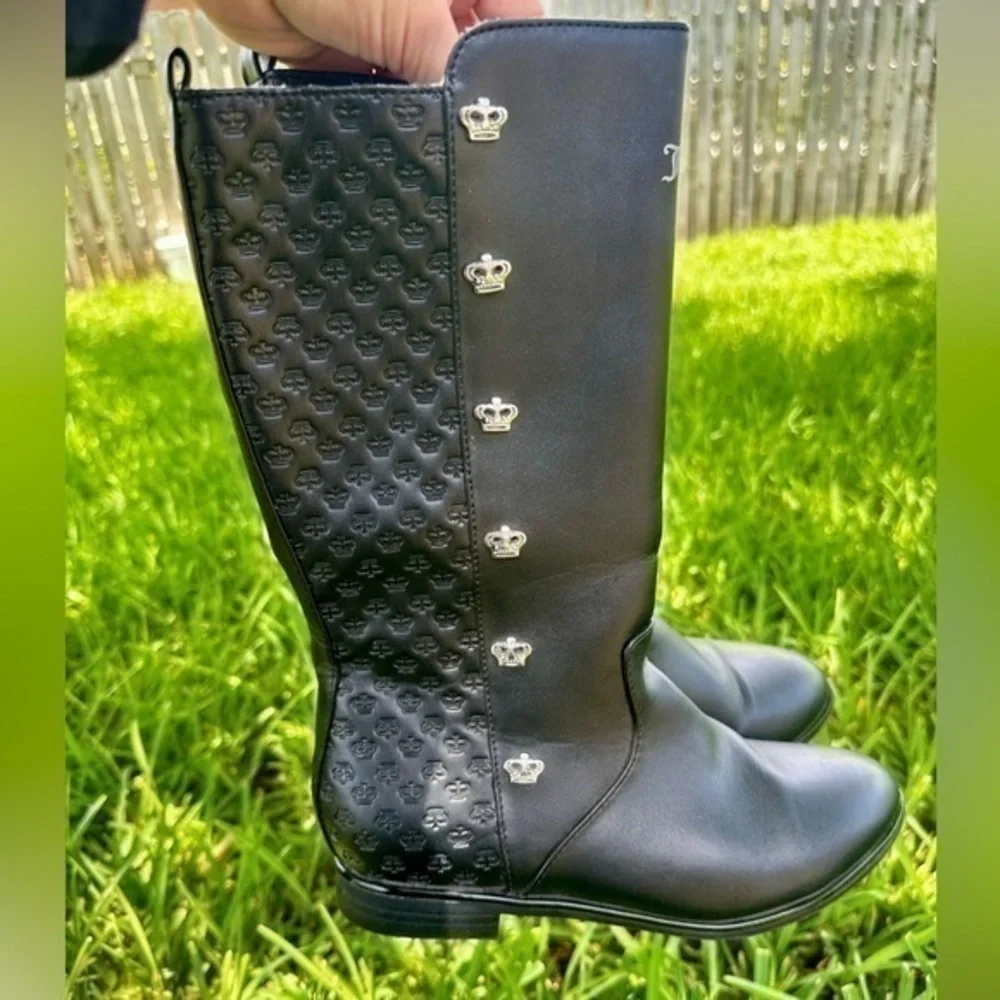 Juicy Couture Quilted Faux Leather Flat Calf Boot Black w/ Silver Crowns